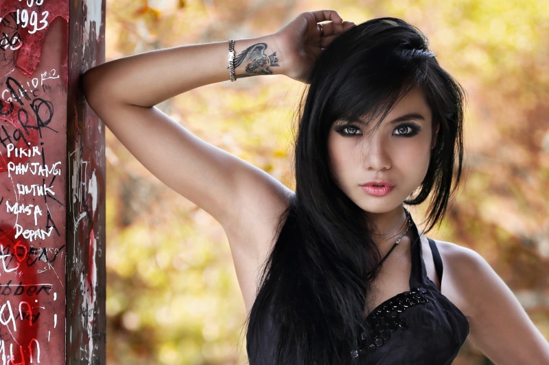 brunette, blue eyes, outdoors, Asian, black dress, fashion, young women, hair, real people, 1080P, one person, long hair, looking at camera, human arm