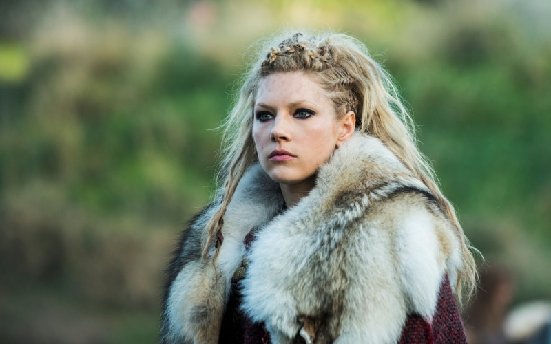 Lagertha Lothbrok, women, fur, braids, blue eyes, 2K, blonde, smoky eyes, Vikings (TV series), Katheryn Winnick, model, actress
