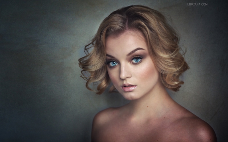 smoky eyes, model, blonde, women, 1080P, portrait, blue eyes, bare shoulders