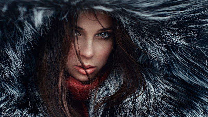 front view, hair, hoods, face, winter, clothing, fur, long hair, cold temperature, fashion, beautiful woman, portrait, s, looking at camera, hairstyle