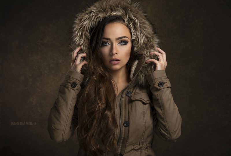 fur, portrait, women, young women, warm clothing, black background, long hair, clothing, hairstyle, fur coat, fur hat, hood - clothing, hair  , young adult