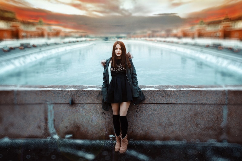 women outdoors, black stockings, straight hair, standing, dress, 720P, long hair, women, jacket, Ivan Gorokhov, minidress, depth of field, looking at viewer