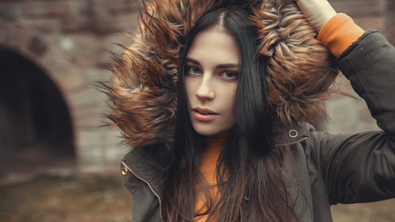 human hair, one person, contemplation, bokeh, grey jacket, young adult, women, beautiful woman, young women, beauty, depth of field, black hair, brunette