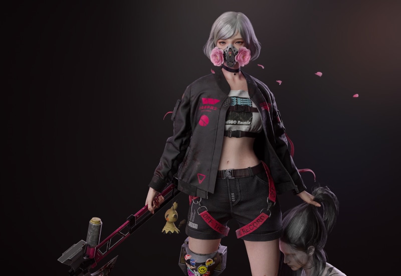 1080P, Mannequin, belly, mimikyu, purple eyes, jacket, black jackets, roses, Yerim Kim, black shorts, petals, science fiction, blood, grey hair, axes