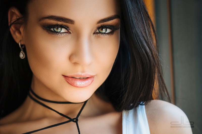 front view, one person, young adult, black hair, Angelina Petrova, hair, close-up, looking at camera, beauty, face, headshot, adult, human body part, portrait