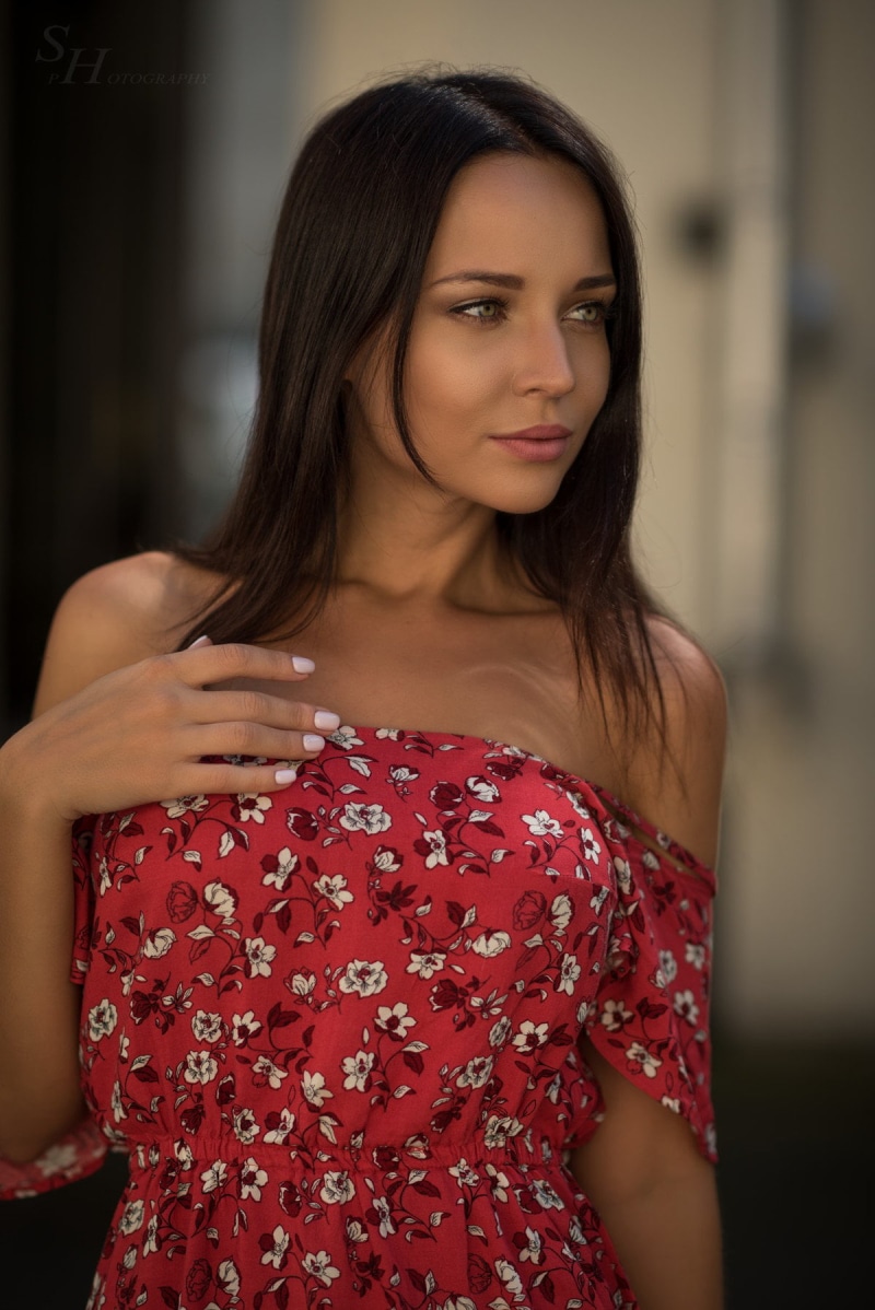adult, portrait, hairstyle, dress, Angelina Petrova, women, 720P, beauty, brown hair, fashion, bare shoulders, red, one person, clothing, pattern, young adult