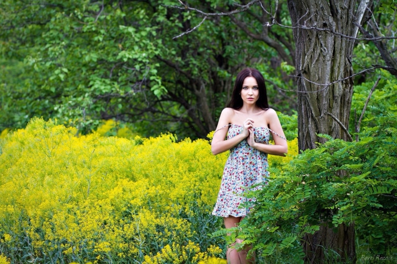 growth, looking at camera, real people, s, flower, nature, three quarter length, Angelina Petrova, model, gray, young women, front view, wearing, dress
