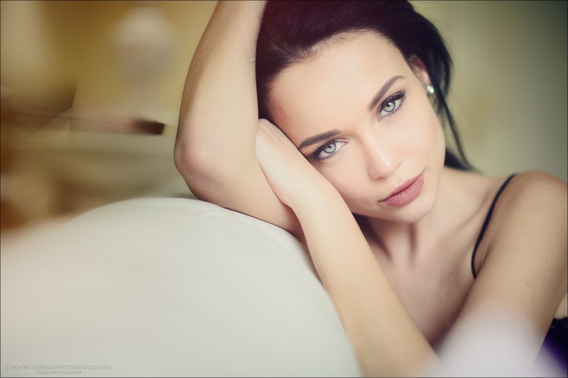 relaxation, young adult, black, blue eyes, s, women, looking at camera, one person, face, beauty, strap, indoors, Angelina Petrova, top, portrait, lying down