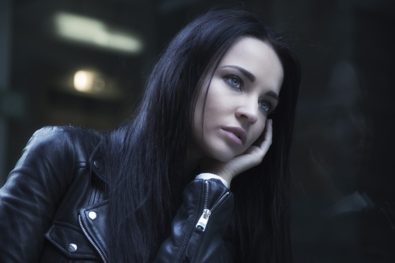 beautiful woman, leather, lifestyles, portrait, adult, hairstyle, leather jackets, black hair, teenager, real people, young adult, model, women, long hair