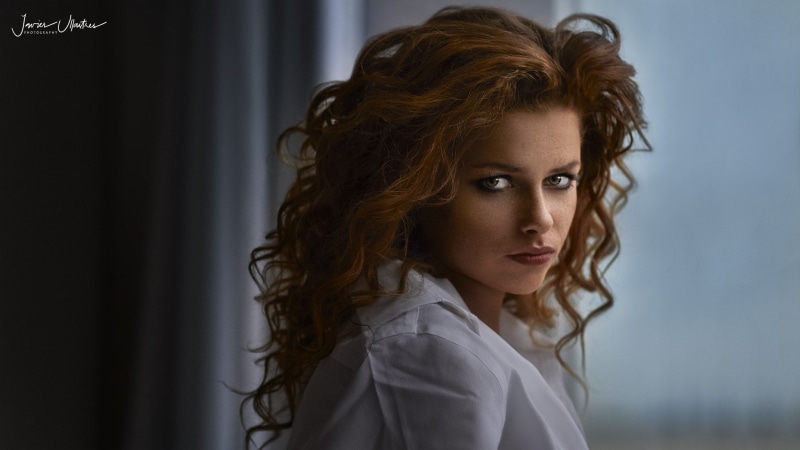 one person, hair, Javier Ullastres, model, portrait, looking at camera, long hair, headshot, curly hair, 1080P, human hair, fashion, indoors, beauty, women