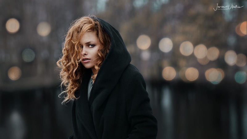 1080P, redhead, portrait, women, bokeh, Julia Yaroshenko, curly hair, freckles, brown eyes, women outdoors, coats, hood, Javier Ullastres