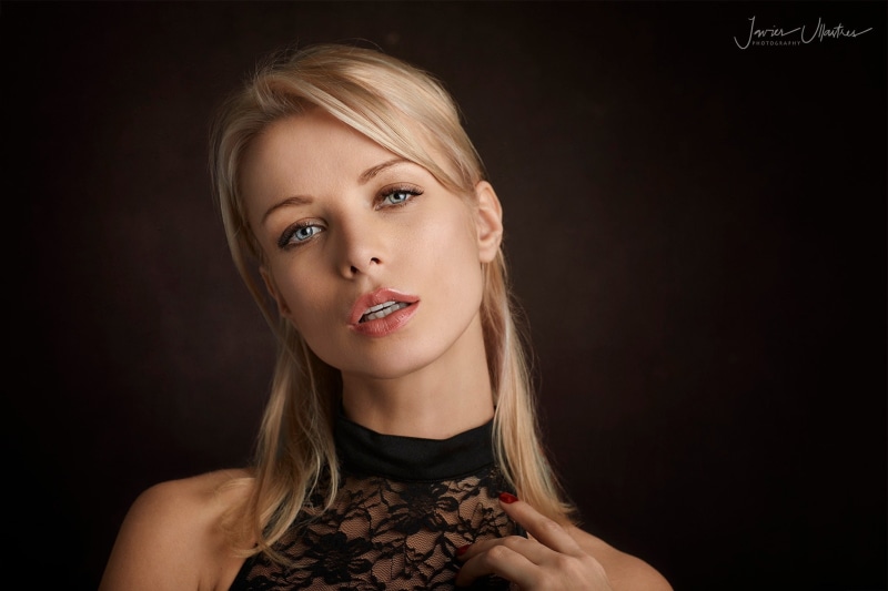 portrait, face, blue eyes, simple background, lace, black clothing, 1080P, blonde, Ekaterina Enokaeva, Javier Ullastres, women, wide jaw, open mouth