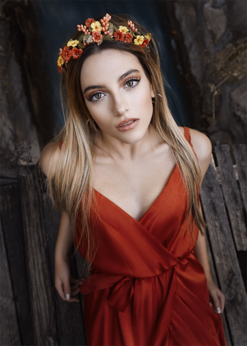 jewelry, eyeliner, hair accessories, looking at viewer, red dress, makeup, earring, Alba Ortega, crown, portrait, 1080P, women, straight hair, long hair