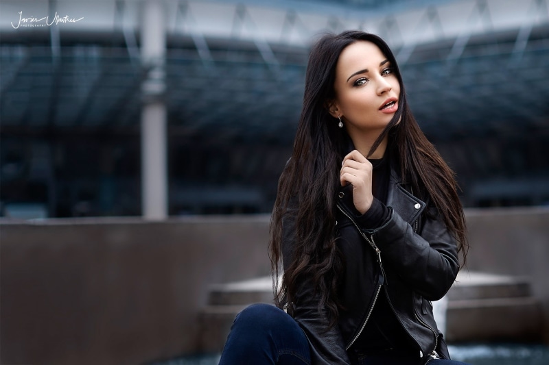 jacket, jeans, look, model, brunette, hairstyle, portrait, beauty, 1080P, pose, kozhanka, makeup, Angelina Petrova, background, bokeh, Javier Ullastres