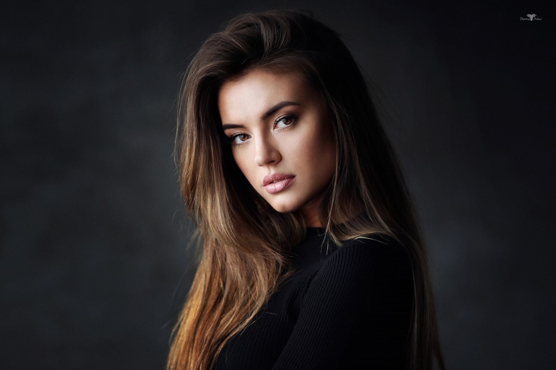 Dmitry Arhar, Ksenia, pink lipstick, model, simple background, black clothing, straight hair, long hair, brunette, face, women, Black clothes, 1080P, looking at viewer