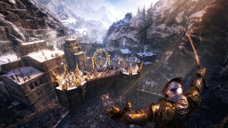 video games, cold temperature, high angle view, illuminated, 2K, day, rock, built structure, building exterior, men, orcs, people, nature, real people