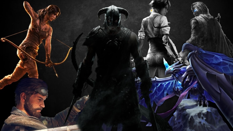 people, The Elder Scrolls V: Skyrim, Tomb Raider, Talion, Middle-earth: Shadow of Mordor, dragonborn, group, day, characters, domestic animals, human representation