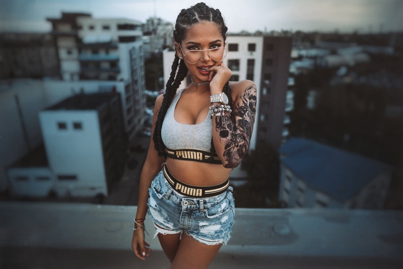 shorts, architecture, 1080P, young adult, short, fashion, focus on foreground, smiling, lifestyles, three quarter length, front view, beauty, blue, leisure activity