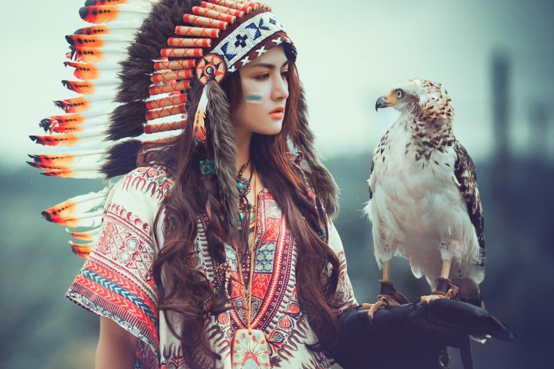Women, Woman, Girl, Model, Bird Of Prey, 1080P, Eagle, Feather, Native American, Brunette