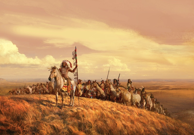 horse, nature, hills, clouds, artwork, feathers, Native American clothing, 2K, spear, painting, Native Americans