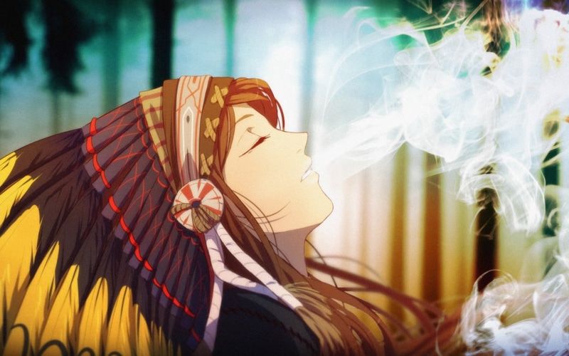 clothing, sunlight, hairstyle, smoking, close-up, focus on foreground, adult, Native American clothing, leisure activity, american, scarf, hat, native