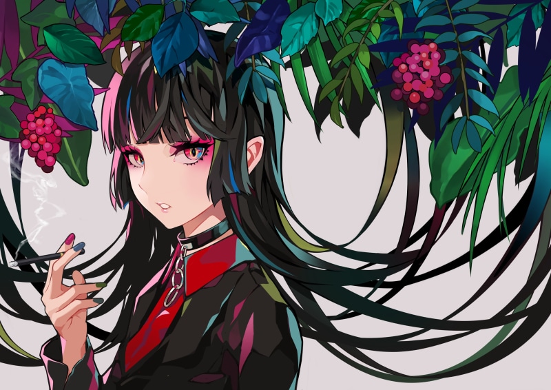 2K, nature, growth, close-up, flower, multi-colored eyes, anime girls, day, leaf, vulnerability, decoration, fragility, parted lips, no people, fruit