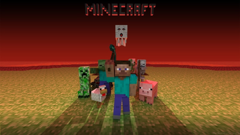  sky, space, night, pigs, outdoors, red, 1080P, Minecraft, mode of transportation, futuristic, nature, creeper, industry, transportation, skeleton