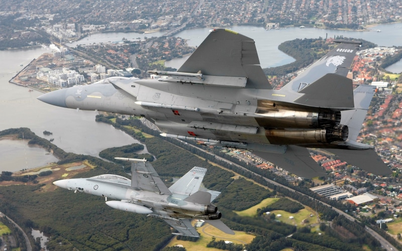 nature, water, military airplane, plane, mid-air, on the move, transportation, flying, military, army, jet fighter, fighter plane, F-15 Eagle, navy, no people