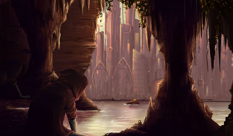 city, 1080P, dystopian, drawing, cave, landscape, DoubiDoubi