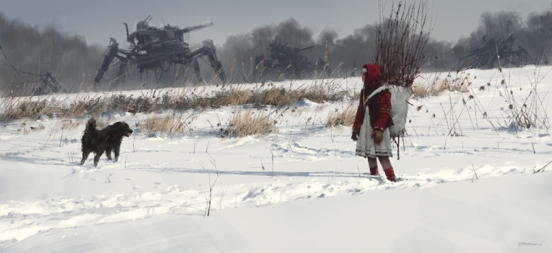 fantasy art, digital art, illustration, Jakub Różalski, snow, children, artwork, painting, 1080P, winter, robot, fan art, dog