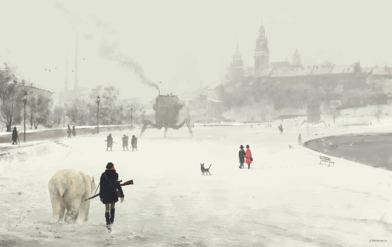 day, mammal, men, domestic, steampunk futuristic snow dystopian polar bears artwork painting winter russia, winter, domestic animals, pets, people, real people