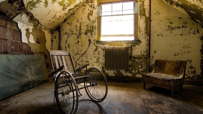run-down, 1080P, abandoned, room, furniture, weathered, black, old, flooring, indoors, Wheelchair, absence, building, built structure, ruin, window, obsolete