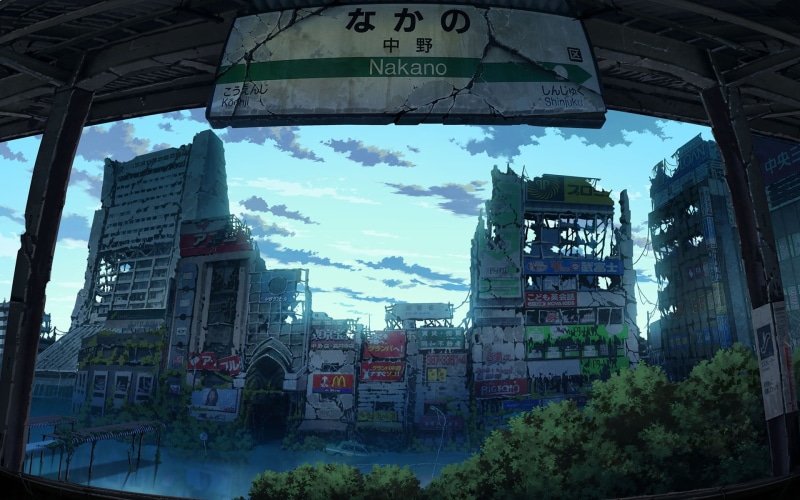anime, outdoors, sky, tree, concrete, painting, text, nature, structures, apocalyptic, information, ruin, communication, digital, Japan, low angle view