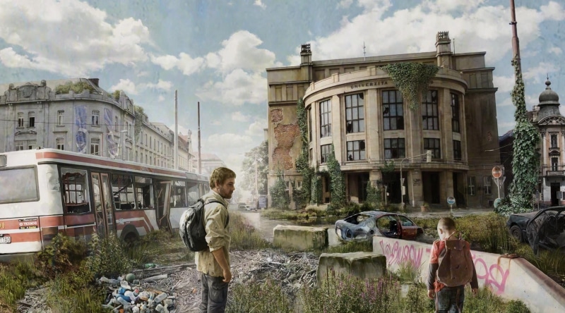 standing, day, children, buses, Slovakia, apocalyptic, one person, leisure activity, sky, ruin, young adult, outdoors, women, backpacks, building, university
