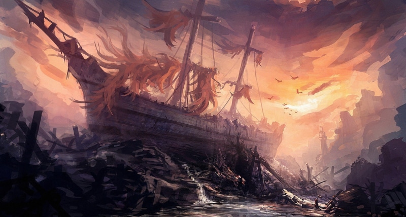ruin, illustration, wreck, ship, fantasy, 1080P, art, fantasy art