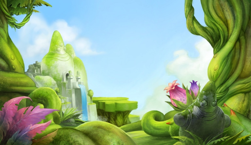 illustration, statue, growth, pink color, outdoors, flowering plant, sky, plant, magic, banana, waterfall, 2K, flower, artwork, fragility, day, nature