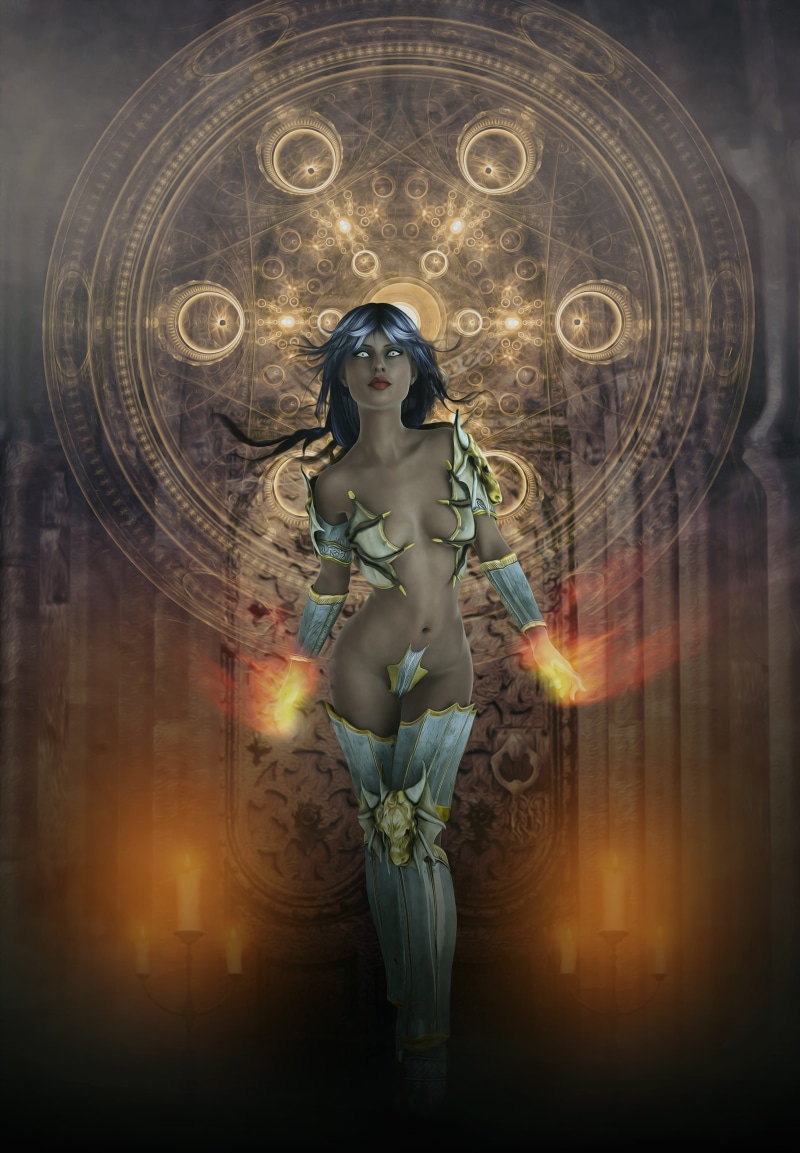 female, warrior, 4K, digital composite, human representation, women, magic, young, futuristic, contemplation, dark, young adult, robot, fantasy, indoors