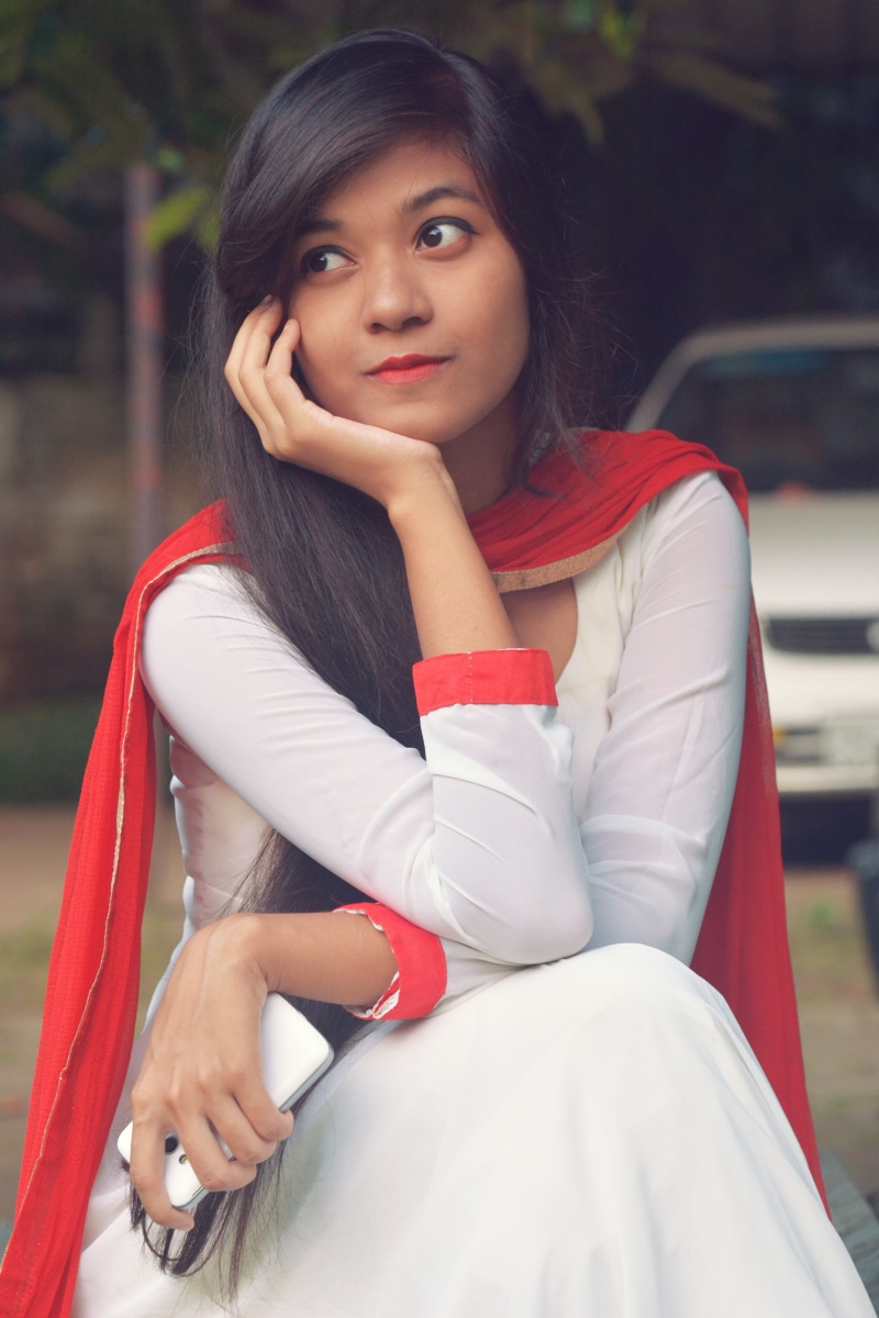 wear, bangladesh, scarf, young, female, portrait, sitting, focus on foreground, beauty, fashion, women, girl, red, lifestyles, front view, pretty, contemplation