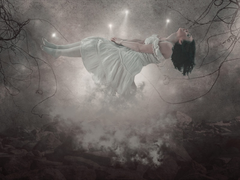 hair, vines, light, clothing, nature, women, levitation, dark, adult, glow, goth, dreamlike, dress, hairstyle, dream, fashion, fantasy, woman, mist, fog