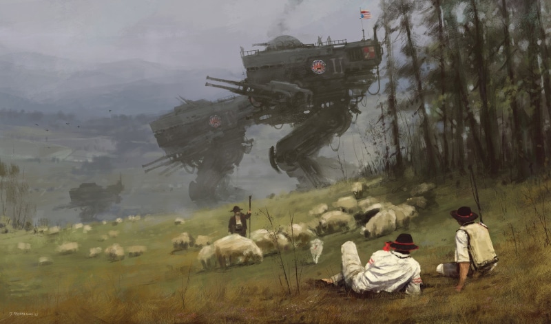 mode of transportation, day, real people, outdoors, rear view, group of people, futuristic, transportation, plant, machines, paintin, Jakub Różalski, water