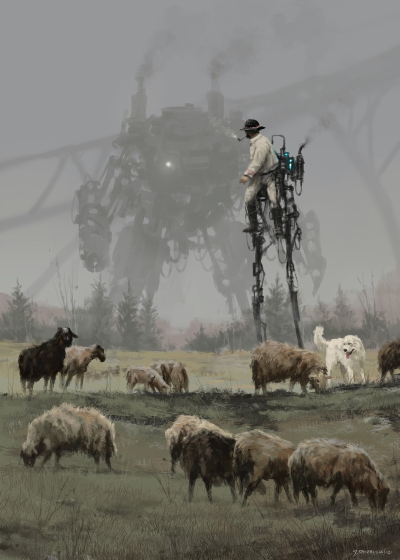 land, field, fog, animals, animals in the wild, pets, s, robot, trees, mammal, sheep, white, animal themes, 2K, mech, day, nature, mist, dog, machine