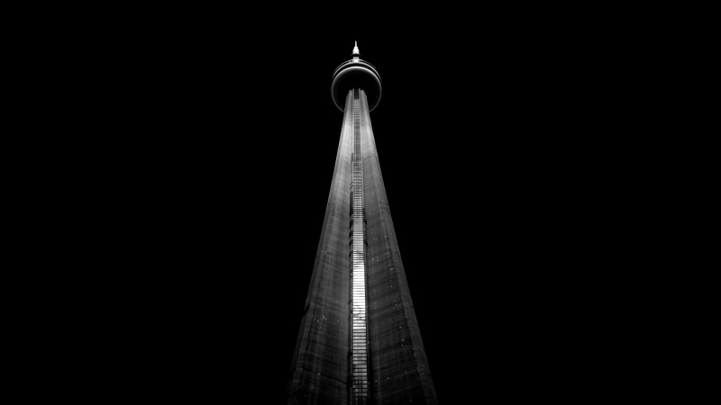 minimalism, simple background, building, office building exterior, tourism, simple, Toronto, cm, clear sky, tall - high, black background, spire, skyscraper