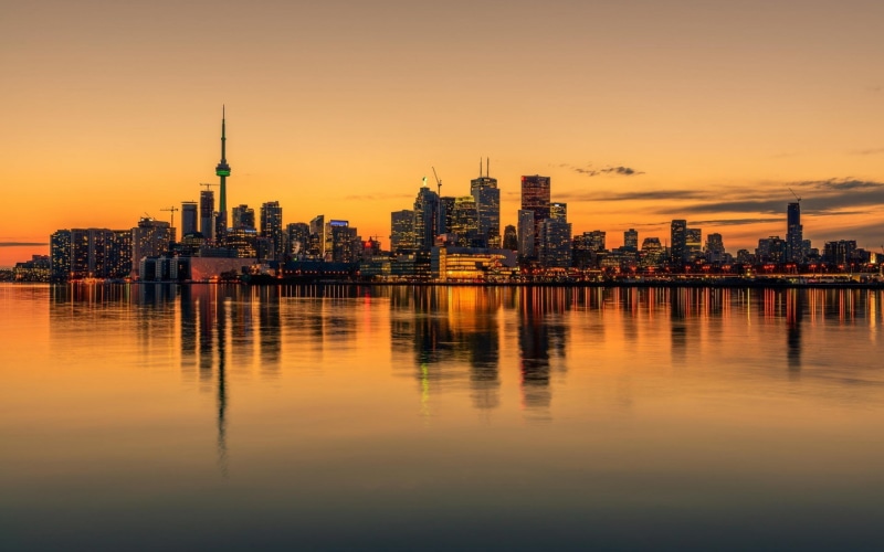 sunset, reflection, Canada, water, skyline, cityscape, 1080P, Toronto