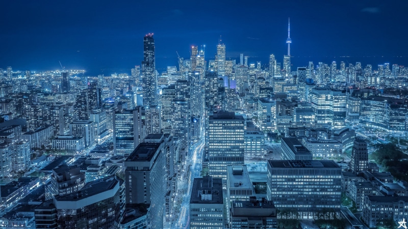 city, night city, building, modern, financial district, built structure, office building exterior, Canada, crowded, skyscrapers, illuminated, illustration
