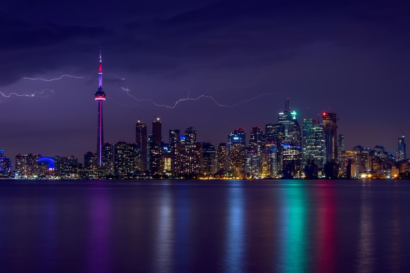 sky, Canada, 1080P, storm, house, city, evening, Toronto, buildings, Ontario, lights, lightning