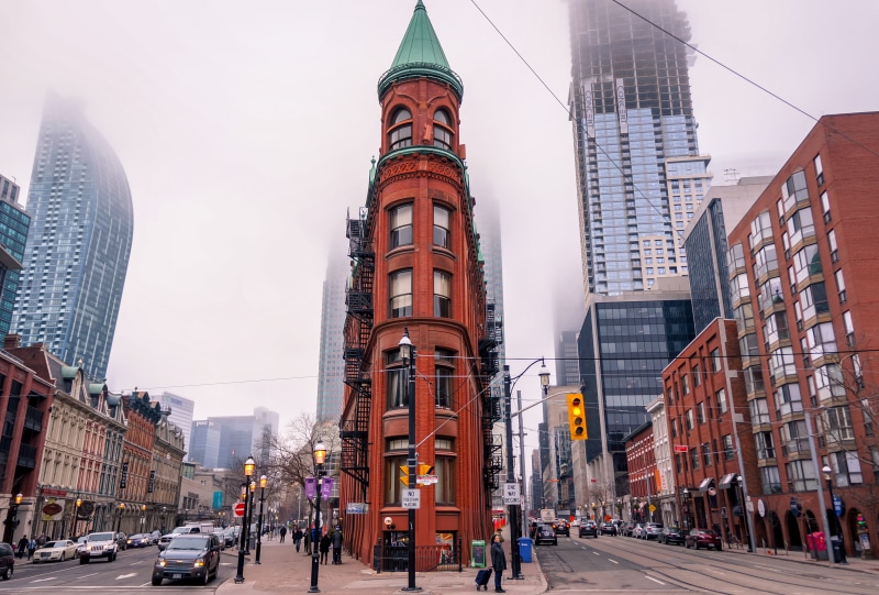 red, office building exterior, toronto, gooderham, city, built structure, city life, modern, motor vehicle, land vehicle, mode of transportation, landmark