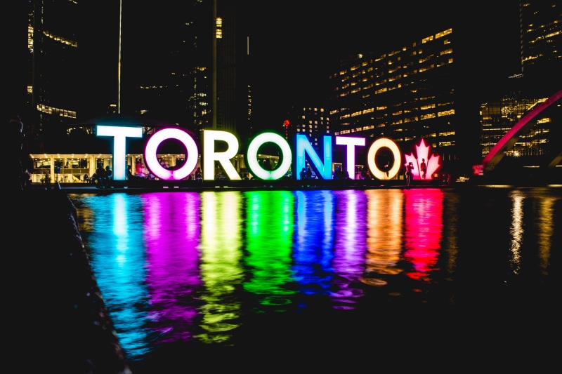 toronto, building exterior, built structure, no people, nature, multi colored, western script, lights, arts culture and entertainment, night, glowing, mirror