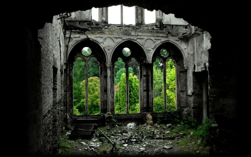 damaged, weathered, 720P, deterioration, plant, abandoned, old, ancient civilization, architecture, run-down, built structure, no people, dark, archaeology