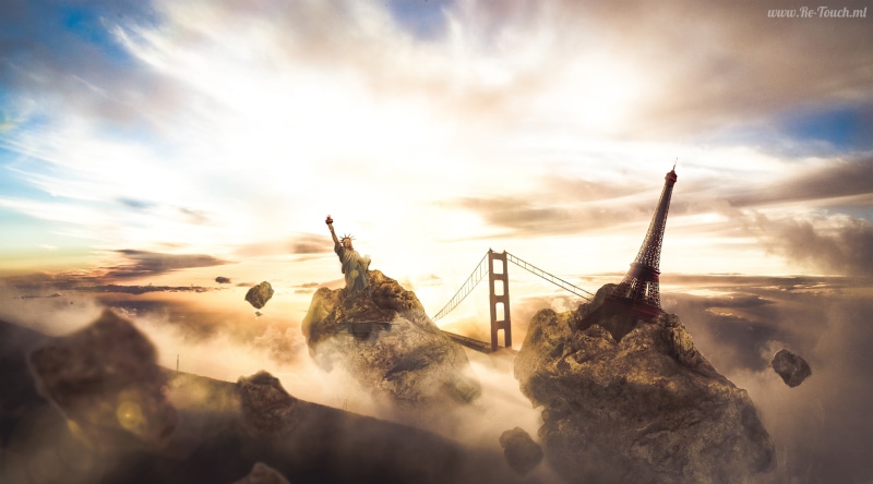 fantasy, cloud - sky, sunlight, clouds, floating, panoramic, end of world, photoshop, landmarks, concept art, islands, shattered, eiffel tower, sky, mist
