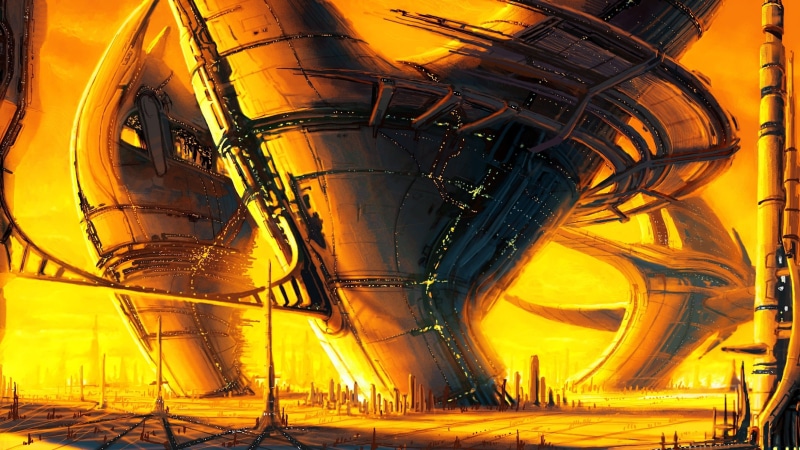 cyberpunk, digital art, science fiction, drawing, building, dystopian, artwork, sunlight, yellow, futuristic, 2K, world, mist